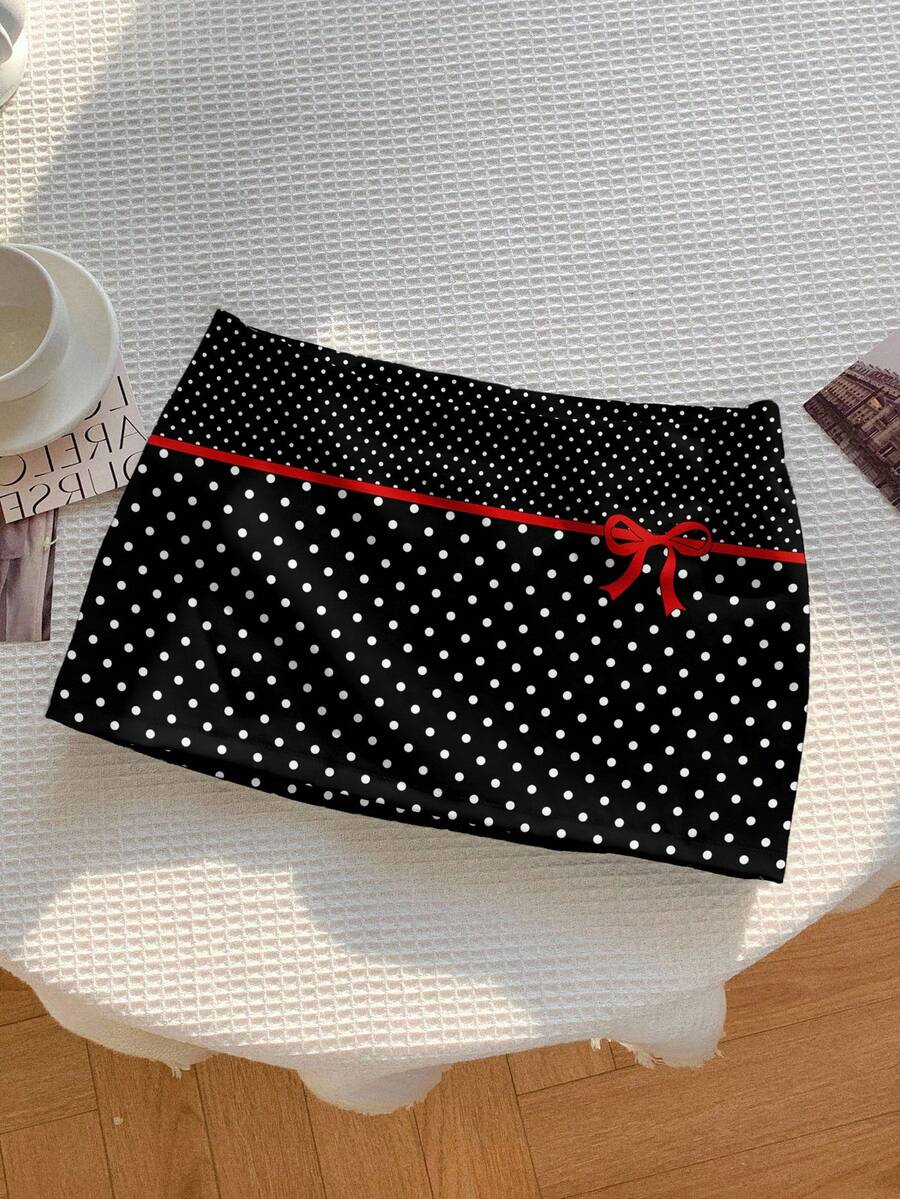 Attitoon Chân váy chữ A nữ kiểu dáng tối giản, họa tiết chấm bi và nơ, đa năng cho mùa xuân và hè. - Nhiều màu - Xem 1