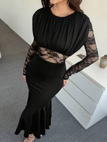 Modelyn Vestido de manga larga ajustado con cuello redondo, encaje, parches, pliegues y bajo de cola de sirena vintage para mujeres - Negro - Ver 4