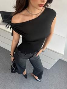 Modelyn Women's Solid Color Tie Shoulder Design Fitted Fashion T-Shirt Black Top One Shoulder Top Sexy Top Off The Shoulder Top Cap Sleeve Top One Sleeve Top Classy Top - Black - View 4