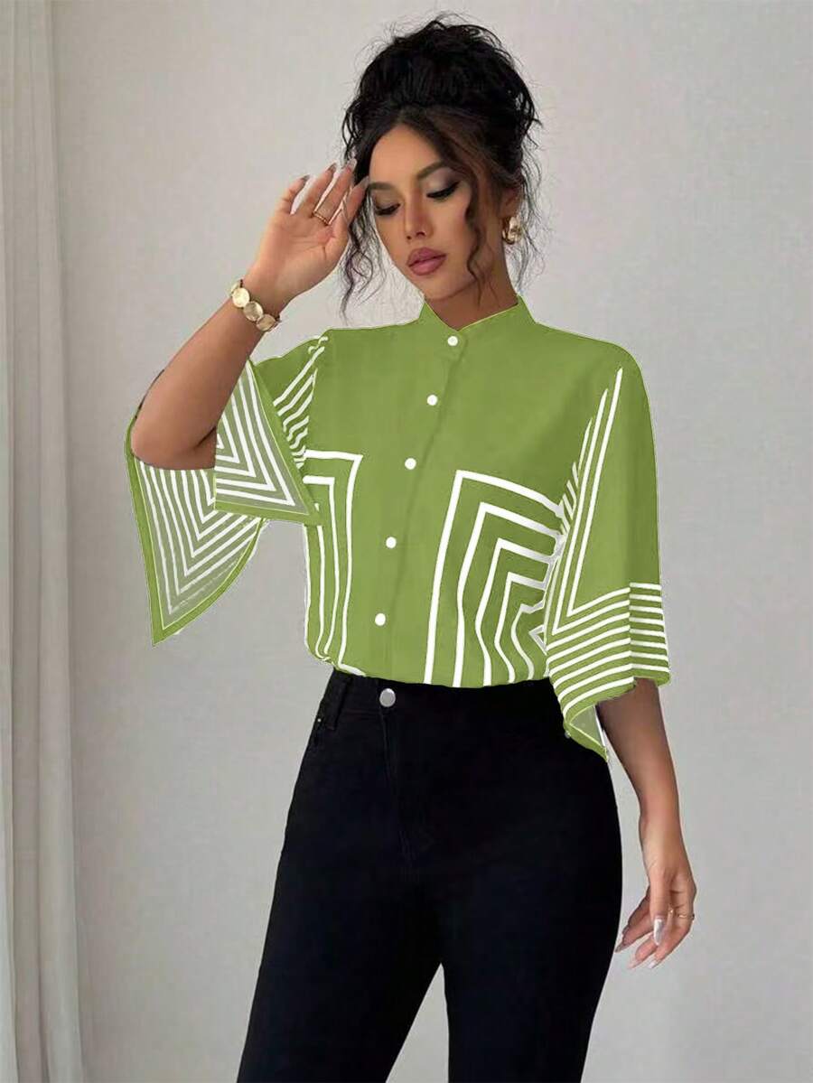 Elenzga Mandarin Collar Digital Printed Geometric Lines Pattern, Asymmetrical Sleeve French Elegant Blouse, Suitable For Spring/Summer Vacation - Green - View 1