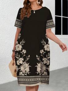 SHEIN CURVE+ Curve Size US22Music Festival, Seaside Vacation, Bohemia2025 Spring/Summer Artistic Textured Floral Print Short Sleeve Round Neck Midi Dress, Suitable For Mother's Day Gathering Black And White Dress Pocket Dress Floral Print Dress - Black and White - View 3