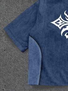 Manfinity ZONE917 Áo sơ mi tay ngắn dáng rộng ZONE917 màu trắng bạc, họa tiết giả denim chắp vá, kiểu Gothic, quà tặng Gothic cho bạn trai. - Nhiều màu - Xem 4