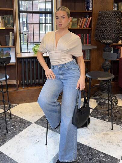 Bethéva 杏色深V褶饰短袖紧身女式T恤