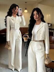 SHEIN PETITE Elegant Casual Fashion Office Commute Back To School Beach Vacation Two Pieces Set: Square Neck Short Jacket, Loose Straight Leg Pants, Solid Woven, Autumn/Winter - Apricot - View 1