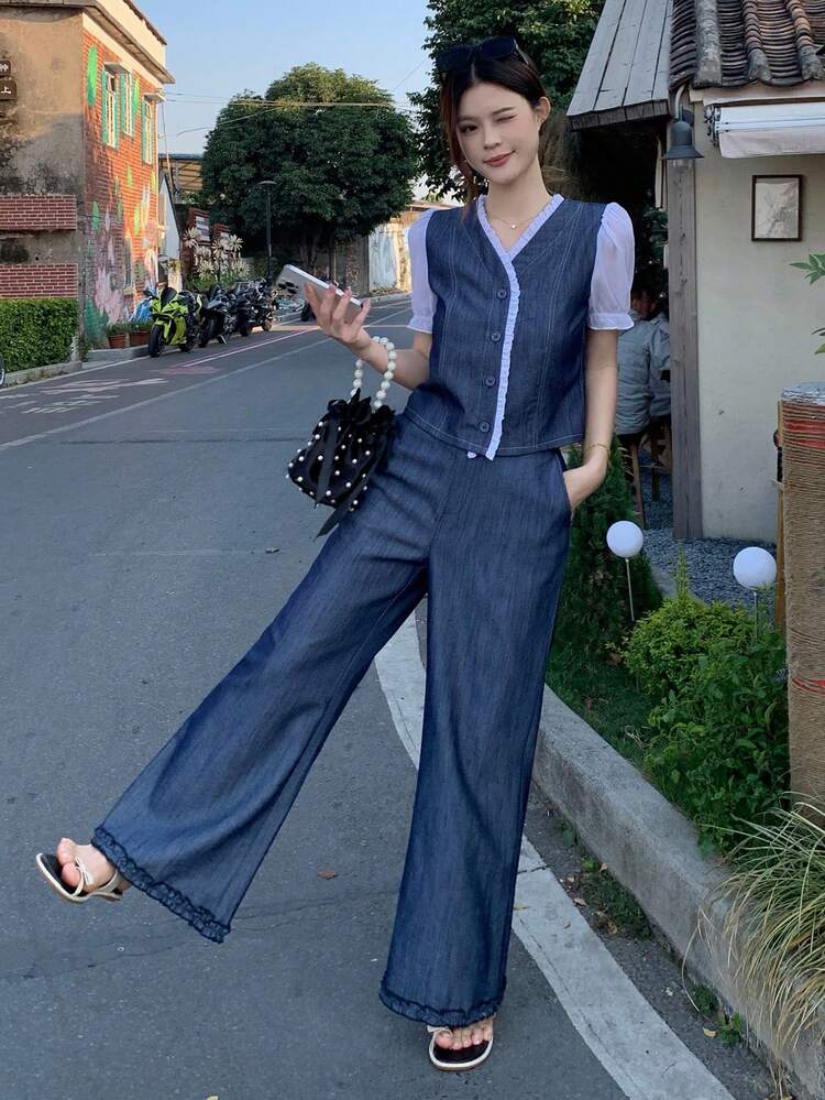 Women's V-Neck Denim Effect Vest & Loose Pants 2-Piece Set, Solid Color, Korean Style