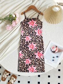 SHEIN Gestricktes Leoparden- und Blumenmuster Trägerkleid für Kleine Mädchen - Verschiedenfarbig - Übersicht 5