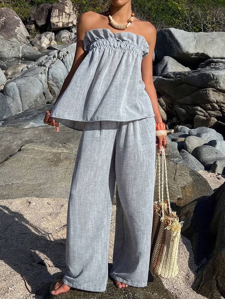 Women's V-Neck Tie-Waist Allover Print Casual Vacation Beach Tube Top And Straight Pants 2-Piece Set, Spring/Summer