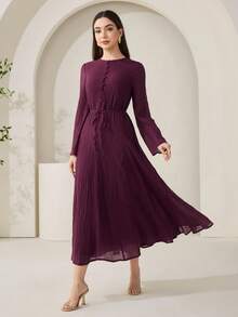 Veilorie 新款褶皱纹理修身A字飘逸沙滩度假休闲派对连衣裙 - 紫紅色 - 查看 5