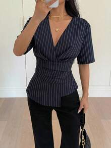 Siren Gaze 新款褶裥腰身条纹修身衬衫，藏蓝色复古时尚办公衬衫，女士必备工作服，教师制服，办公服装 - 藏蓝色 - 查看 4