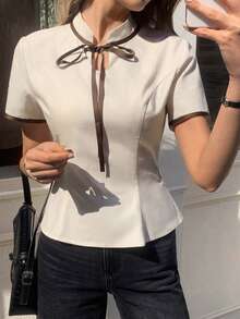 Elyressa 女士夏季系领短袖修身优雅衬衫 - 杏色 - 查看 1