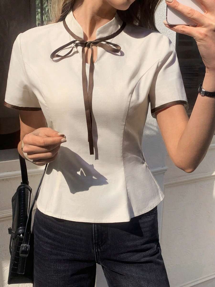 Elyressa 女士夏季系领短袖修身优雅衬衫 - 杏色 - 查看 1