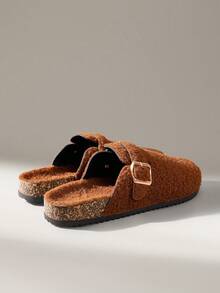 Solecia Women Buckle Design Casual Faux Fur Slip-On Slippers For Christmas - Chocolate Brown - View 3