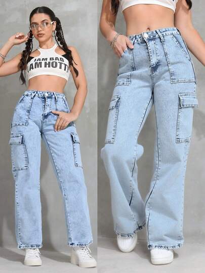 Jeans Amplios de Cargo de Cintura Media de Color Azul Claro para Mujer, Pantalones Modernos y Casuales