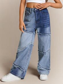 Radiana Tween Girls Y2k Fashionable Washed Distressed Light & Dark Blue Splice Raw Edges Loose Fit Denim Baggy Pants,For Girls Spring/Summer Streetwear Outfits - Medium Wash - View 7