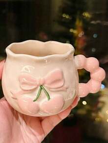 1个可爱樱桃陶瓷马克杯，优雅陶瓷咖啡杯，独特艺术设计，3D浮雕装饰，送朋友的礼物，家用和办公日常使用 - 彩色 - 查看 15