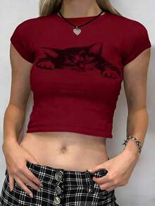 INAWLY 女士猫咪印花圆领短袖露脐休闲T恤，夏季图案T恤女式上衣 - 酒紅色 - 查看 3