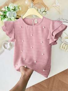 SHEIN Tween Girls' Spring/Summer Casual Beaded Elegant Ruffle Trim Woven Textured Round Neck Blouse, Pink - Pink - View 6