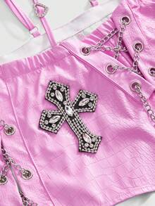 ROMWE Avant Quần short nữ kiểu retro gyaru biker, chất liệu giả da, cạp thấp, ôm sát. - Bụi hồng - Xem 3