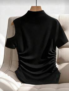 Franclia Women's Asymmetrical Off-Shoulder Metal Decor Ruffle Hem Casual Elegant Versatile T-Shirt Black Sexy Tops Women Tops Elegant Black Party Top Classy Top - Black - View 2