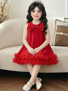 SHEIN Vestido con volantes y lazo para niña - Rojo - Ver 1