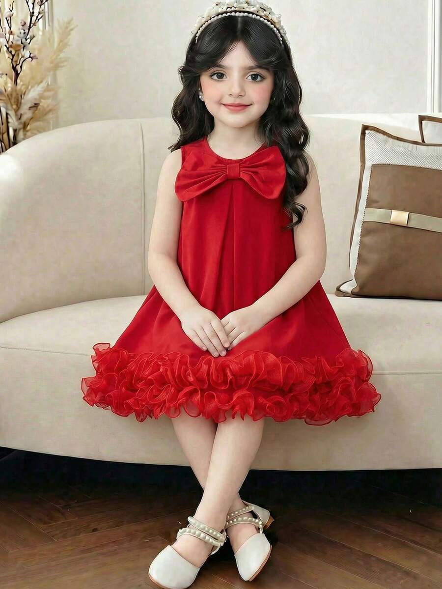SHEIN Vestido con volantes y lazo para niña - Rojo - Ver 1
