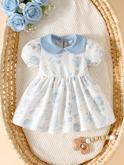 SHEIN Newborn Fairy Tale Style Dress, Peter Pan Collar + Short Sleeve Design, Hot Air Balloon Castle Print Skirt, Sweet & Dreamy Style, Skin-Friendly & Comfortable, Cute Princess Dress For Newborn Daily Wear