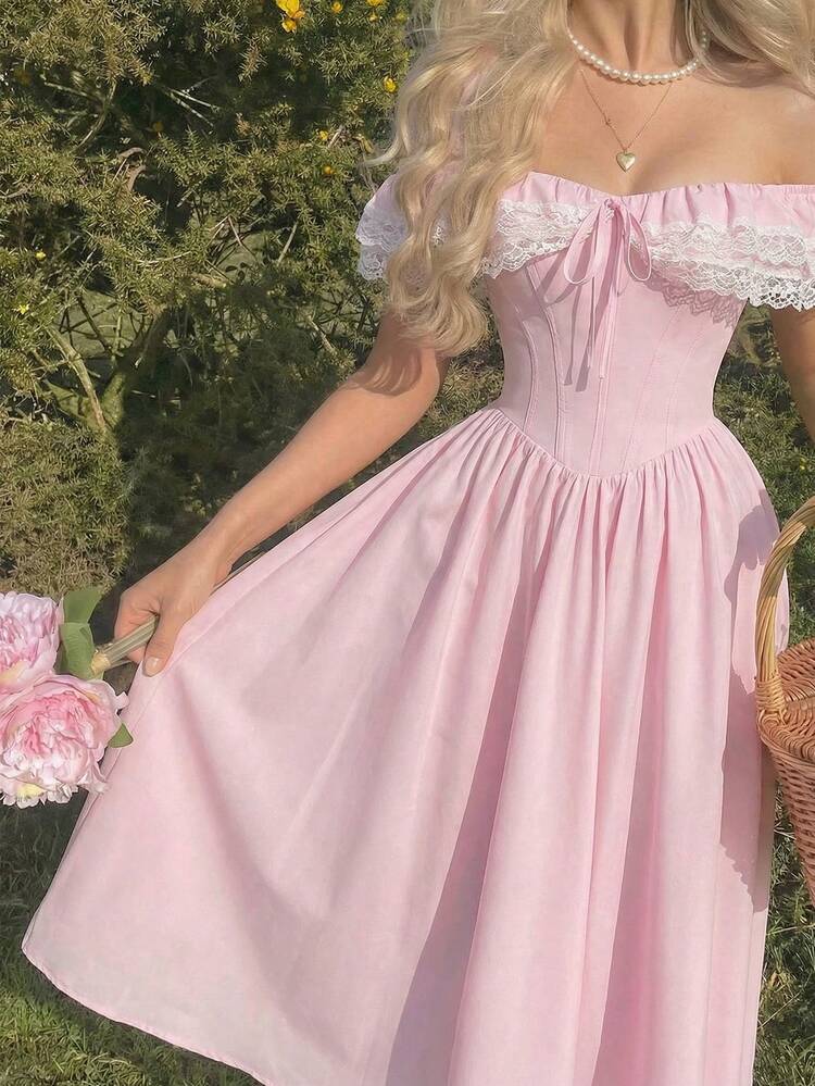 SHEIN MOD Vestido romántico de mujer con hombros descubiertos, encaje y empalme en color rosa - Rosa - Añade 2