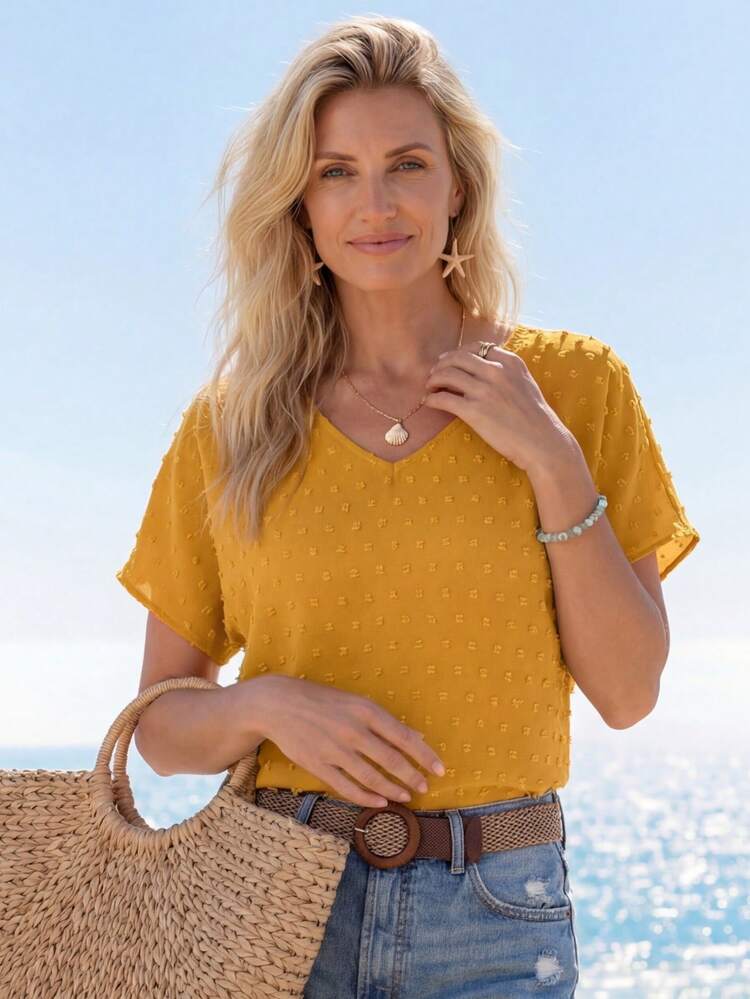 Swiss Dot Batwing Sleeve Blouse,Short Sleeve Tops,Casual