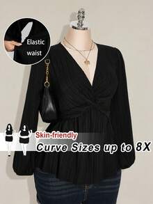 SHEIN CURVE+ Áo sơ mi tay phồng kiểu Pháp màu đen dáng rộng, cỡ lớn, thích hợp cho mùa Thu/Đông. - màu đen - Xem 1