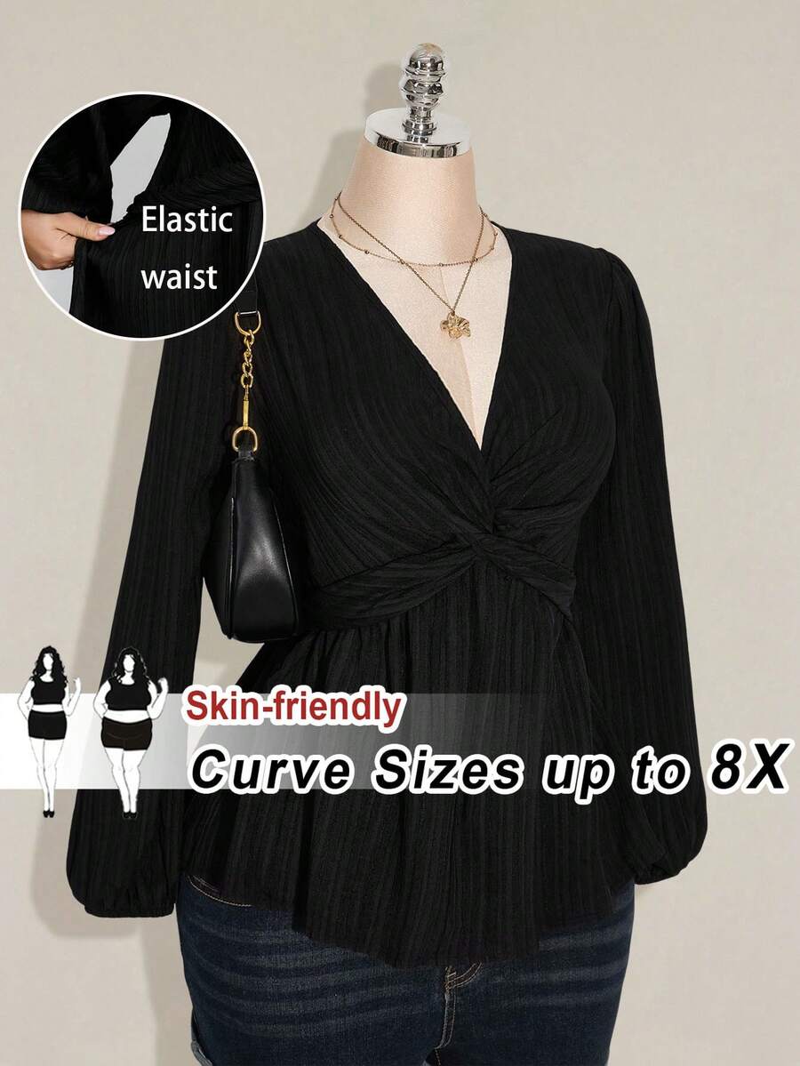 SHEIN CURVE+ Áo sơ mi tay phồng kiểu Pháp màu đen dáng rộng, cỡ lớn, thích hợp cho mùa Thu/Đông. - màu đen - Xem 1