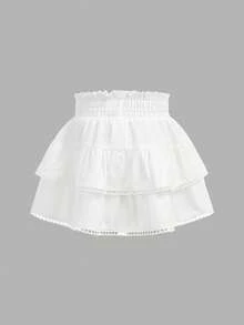 SHEIN 少女白色仙女風春季編織荷葉邊A字裙，鬆緊腰，海灘度假夏季少女荷葉邊裙 - 白色 - 查看 2