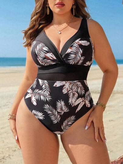 Swim Lushoire 大码女式V领树叶印花网纱拼接连体泳衣，适合海滩、春夏穿着