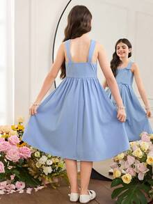 SHEIN Tween Girl Elegant Sleeveless Wide Strap Bow Decor Dress Tween Girl - Baby Blue - View 2