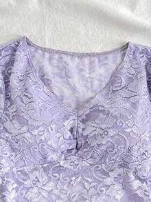 SHEIN Áo ren mỏng nhẹ cổ chữ V dễ thương, ôm vừa vặn, dễ thương, kiểu dáng học sinh, áo ren tay ngắn thanh lịch - Màu tím hoa cà - Xem 5