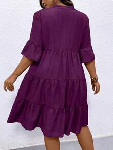 EMERY ROSE Đầm nữ cỡ lớn mùa hè, kiểu dáng đơn giản, màu trơn, cổ chữ V, tay bồng, xếp tầng, thích hợp cho đi nghỉ mát, đi làm hàng ngày. - Màu đỏ tím - Xem 2