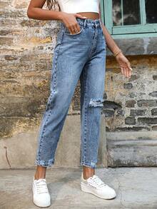 Breezaya Quần jeans nữ cỡ lớn cạp cao, có túi, kiểu dáng rách, thoải mái, đa năng. - Rửa tối - Xem 6