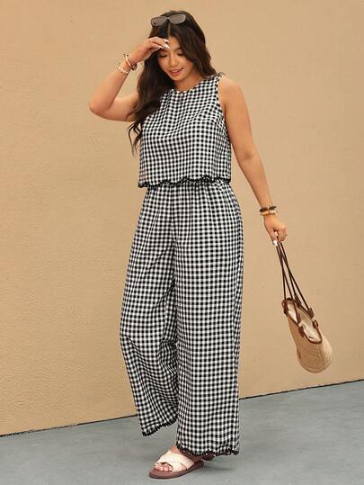Elaquor Plus Size Plaid Print Round Neck Tank Top And Wide Leg Pants 2 Pieces Set