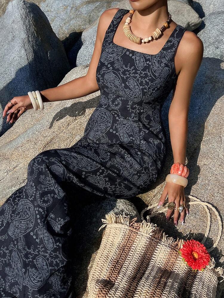 2pcs Women Printed Square Neck Sleeveless Top And Pants Set Summer