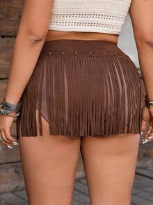 Nubod Plus Size Women Minimalist Fashion Knitted Suede Fringe Beaded Decor Brown Shorts - Brown - View 2