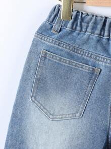 Shorts en jean décontractés et amples pour pré-adolescents, taille élastique déchirée, streetwear urbain cool, lavage rétro vintage, été - Jean clair - Voir 5