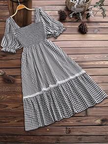 Linhara Đầm nữ cỡ lớn kẻ caro viền ren thời trang thường ngày, thích hợp cho kỳ nghỉ và hẹn hò, phù hợp cho nữ. - Đen và trắng - Xem 5