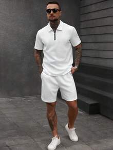 Manfinity CasualCool 男士时尚3D纹理休闲Polo衫套装，Polo衫组合，男士纹理短袖上衣和短裤，INS畅销夏季两件套休闲两件套男士夏季运动服拉链Polo衫两件套夏季套装，男士两件套白色服装，适合周末旅行、户外活动、探险旅行、轻松的工作环境或半正式场合，男友/丈夫礼物，周年纪念/生日礼物，派对暑假假期新年婚礼情人节 - 白色 - 查看 5