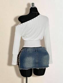 SHEIN ICON Women's Casual Oblique Shoulder Collar Eyelet Decor Faux Fur Sweater Top - White - View 7