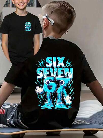 SHEIN Streecool Kids Tween Boys Casual Fashionable Minimalist "67" Reversible Graphic Print Short Sleeve Round Neck T-Shirt, Suitable For Outings, Black Short Sleeve Top "Six Seven" Top, Suitable For Summer And All Seasons