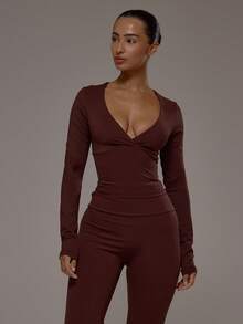 Musera Sport Áo thể thao tay dài hai lớp cổ chữ V, kiểu dáng quấn phía trước, thích hợp cho tập luyện thể thao, tập gym, pilates, thể dục, mặc hàng ngày hoặc mặc thường ngày. - Màu nâu Sô-cô-la - Xem 5