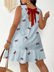 Veykashi Plus Size Bow Striped Print Dress, Suitable For Vacation - Multicolor - View 3
