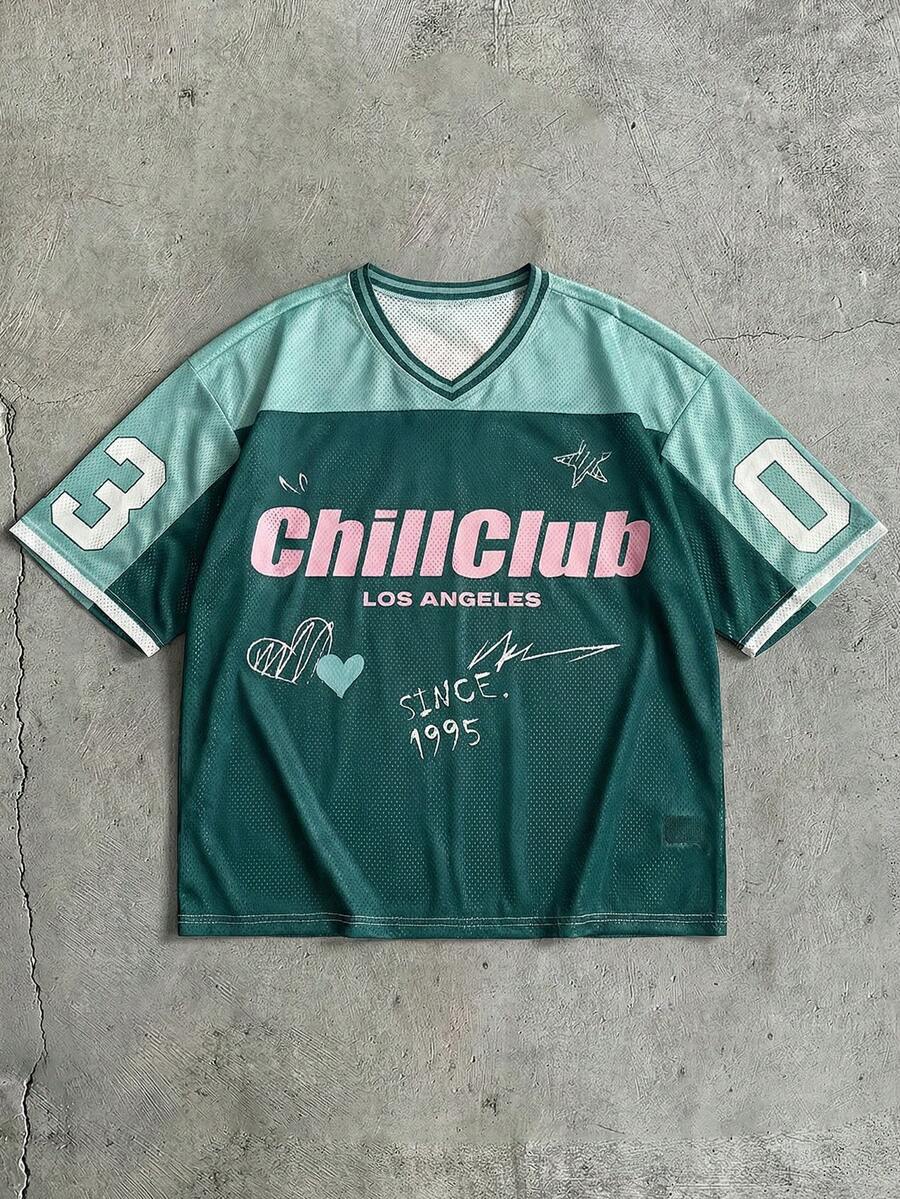 AXEPEAK 男士字母和心形印花V领短袖休闲T恤 - 黑色 - 查看 1