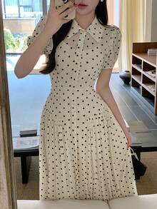 DAZY Women's Elegant Polka Dot Lapel Pleated Long Dress Wedding Guest Dress - Beige - View 4