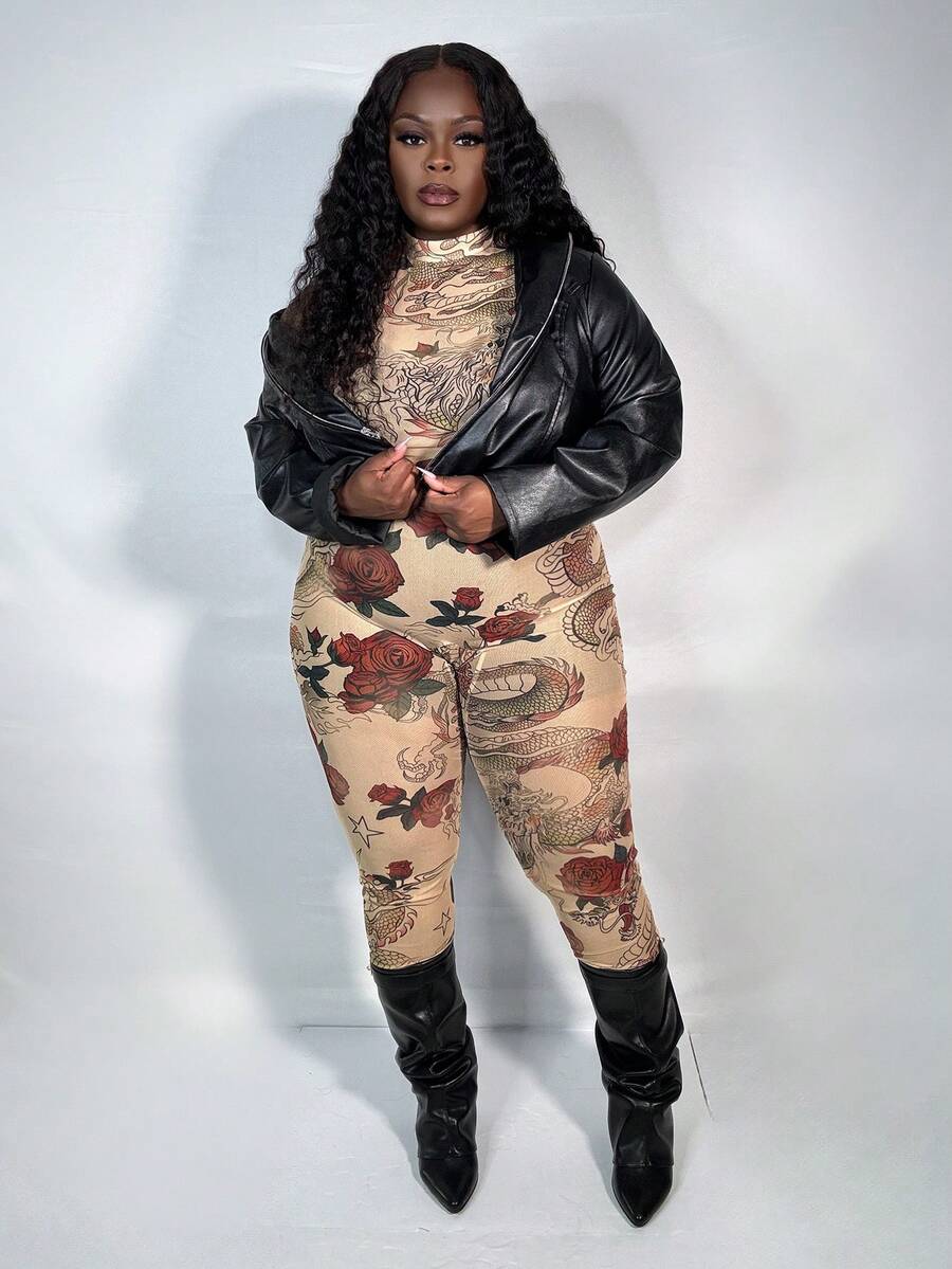 Truni 新款春夏休闲街头性感小立领无袖修身长裤杏色底裤玫瑰龙印花网纱印花女加大紧身连体裤-B - 彩色 - 查看 1