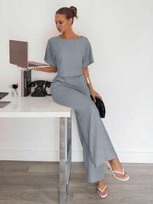 Siren Gaze 2pcs Women Solid Color Pleated Shirt And Pants Casual Suit Comfy Two Piece Set Gray 2 Lounge Sets Woman Comfortable Set,Work Outfits For - Light Grey - View 5